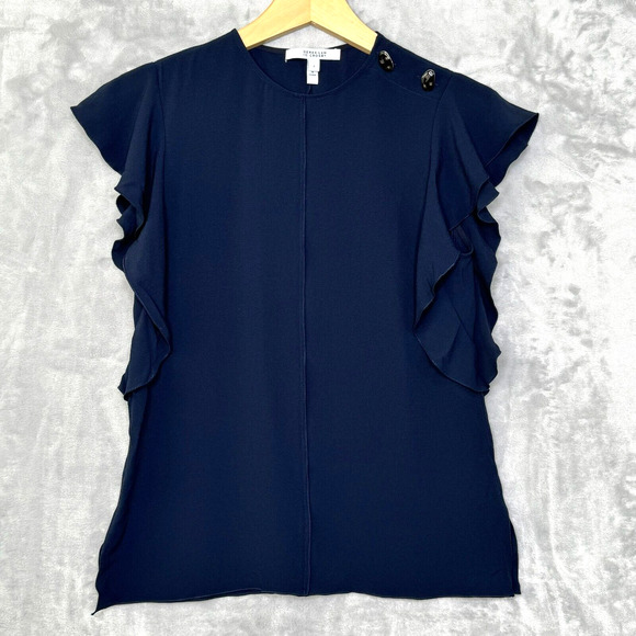 Derek Lam 10 Crosby Top Womens 2 Dark Blue Flutter Sleeve Agate Shoulder Button - Picture 1 of 10